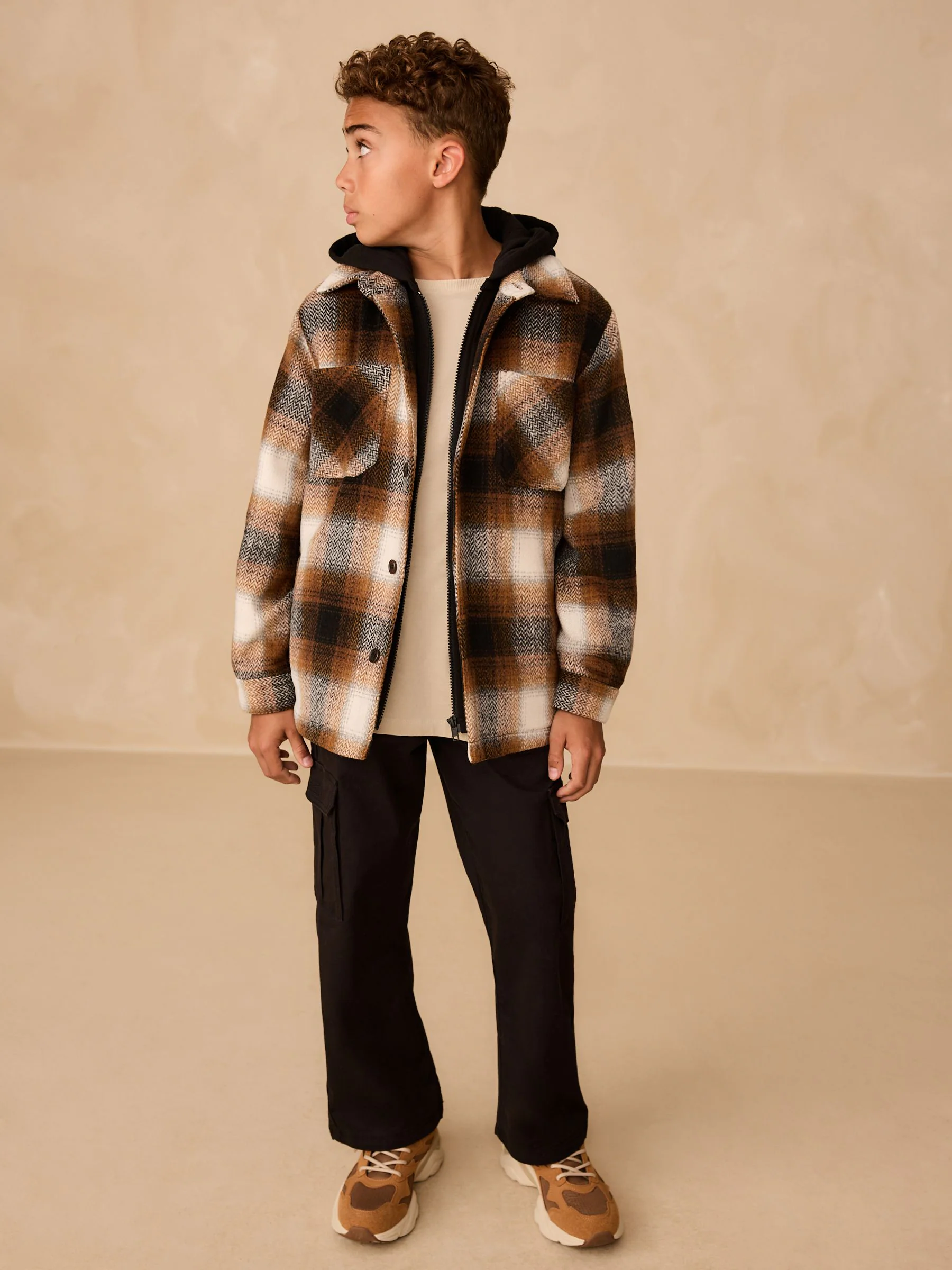 Roestbruin - Borg gevoerde Ruit Overshirt Met capuchon (3-16jr)
