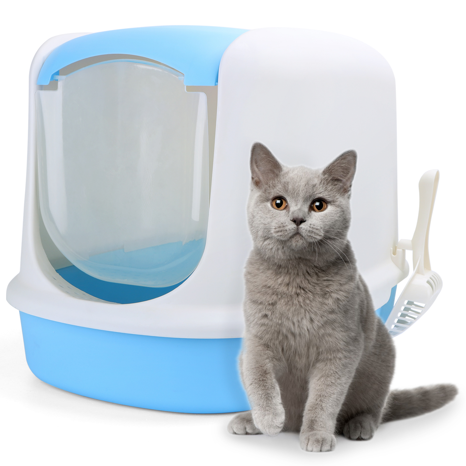 Caixa de areia para gatos Nobleza com abertura frontal e pá, tampa removível, tamanho grande, azul, 55 x 39 x 39,5 cm