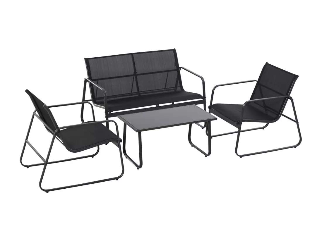Sakura - Salon de jardin design avec canapé + 2 fauteuils + table basse avec étagère en verre
