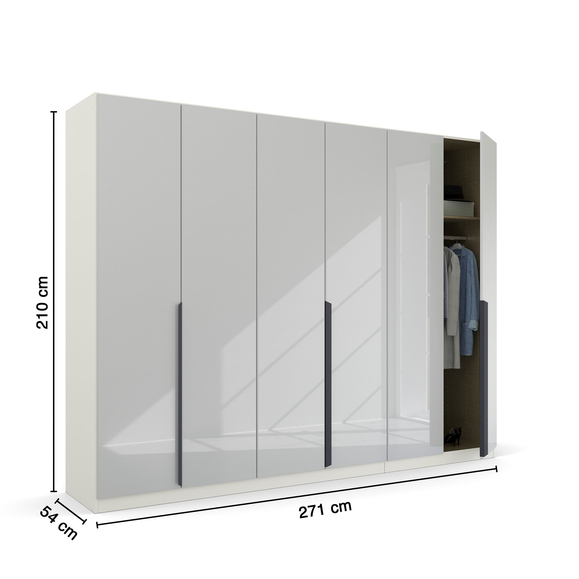 Drehtürenschrank - alpinweiß-Kristallweißglas - 6 Türen - 271 cm