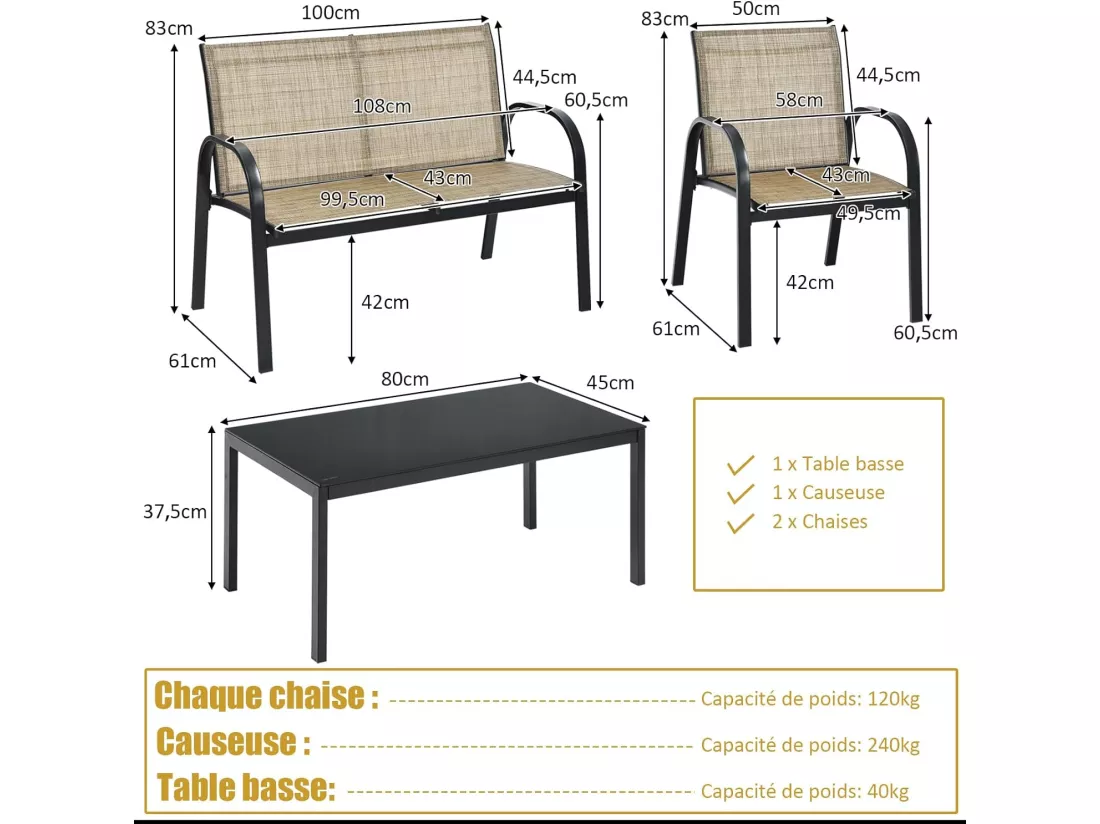 Ensemble Salon de Jardin 4 Pièces en Métal, Ensemble de Meubles de Patio 1 Causeuse 2 Chaises 1 Table Basse en Verre, pour Jardin Terrasse Piscine (Marron)