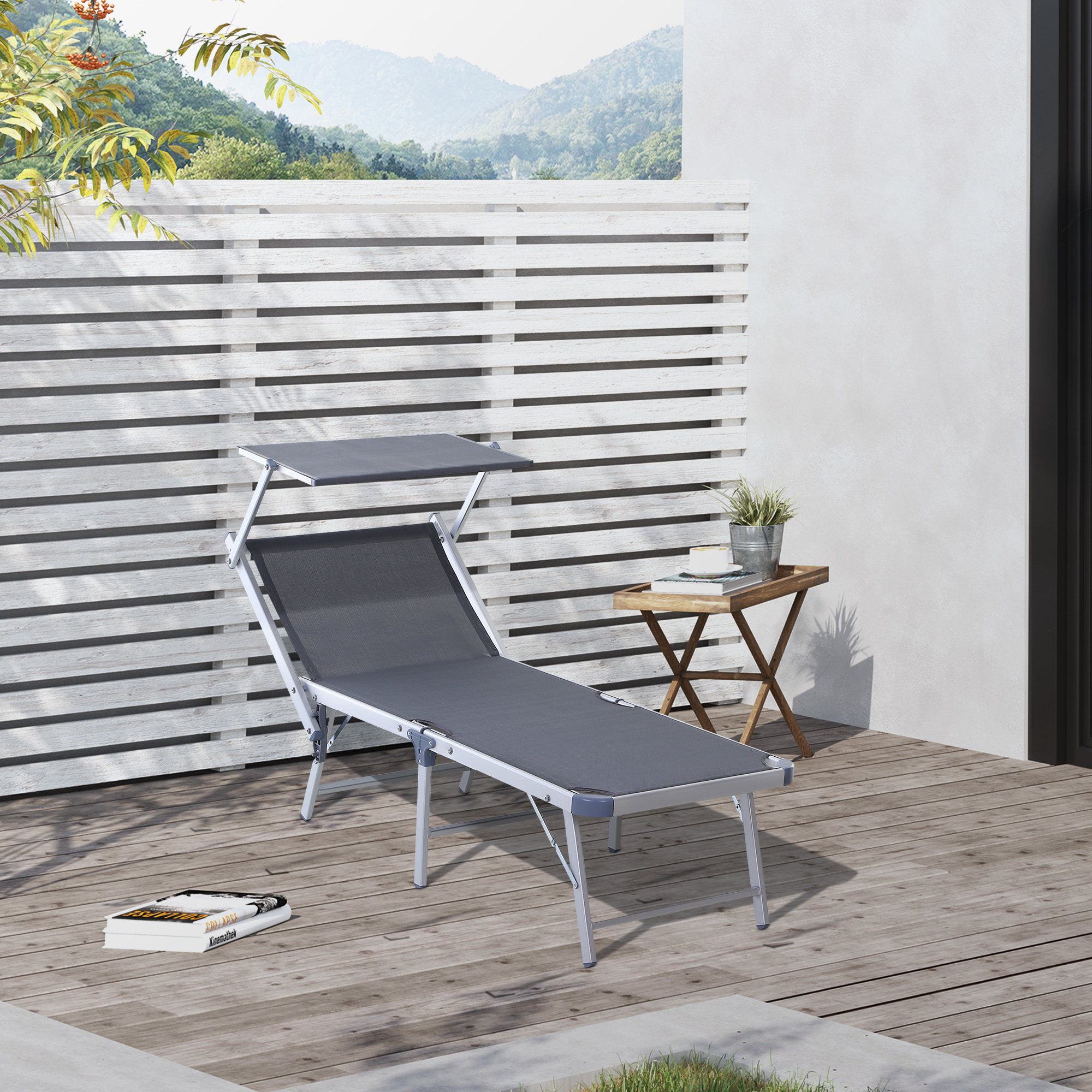 Espreguiçadeira dobrável e reclinável Outsunny em alumínio com cobertura integrada para piscina, jardim, pátio e uso externo, capacidade de carga de 120 kg, 169 x 72 x 50/70 cm, cinza.