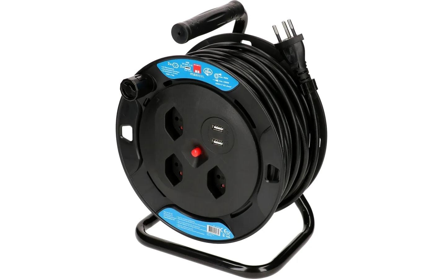 Kabelrolle 20 m, 3x T13, 2x USB SchwarzKabeltrommel mit 2x USB und 3x T13 Steckdose, Thermoschutz und Kinderschutz