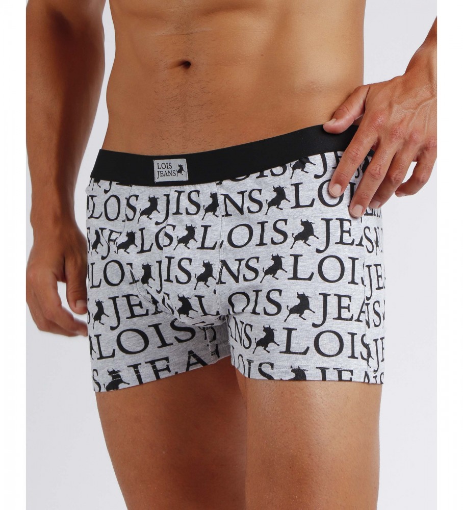Conjunto de 2 cuecas boxer Lois com letras nas cores azul e cinza.