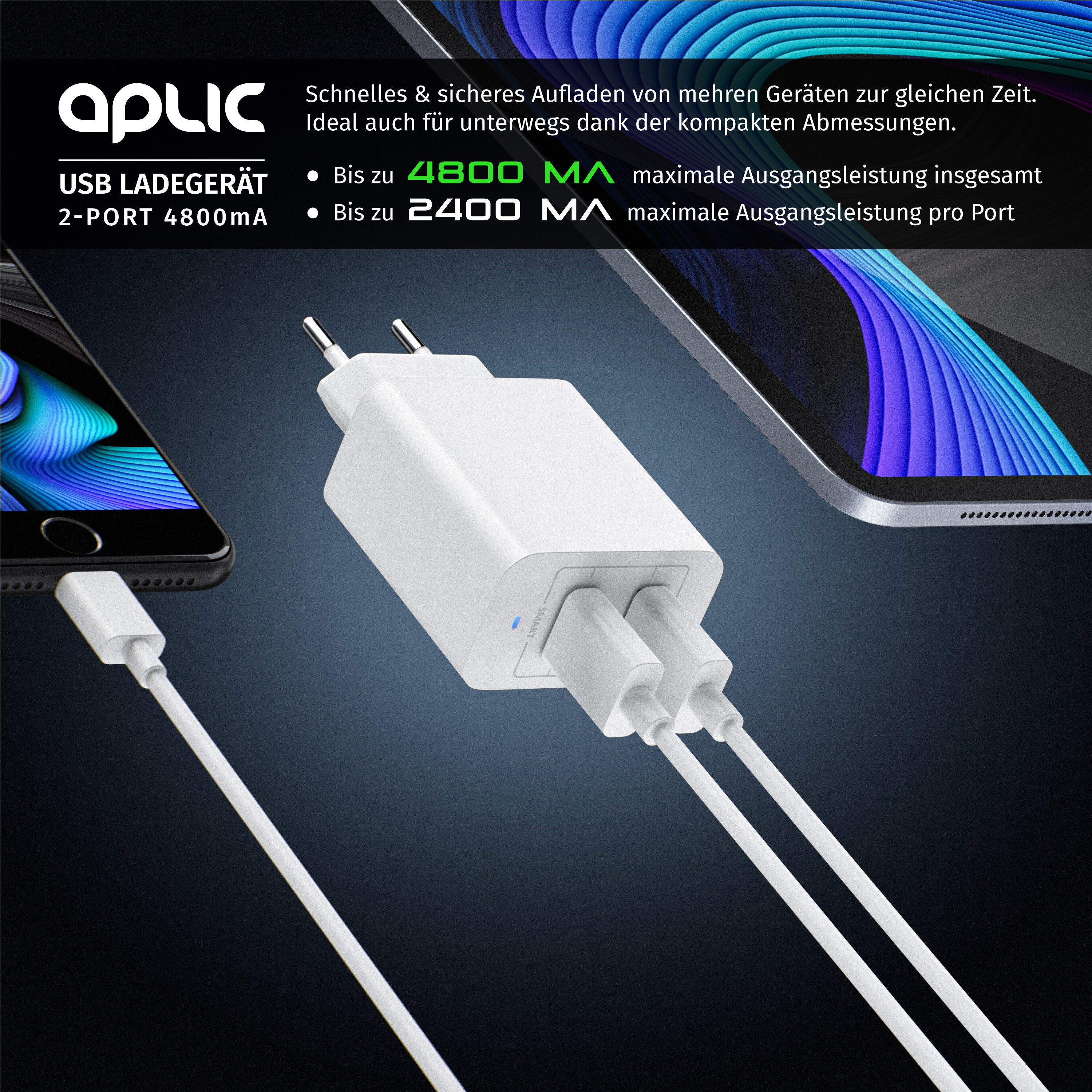 Aplic USB-Ladegerät 4800 mA, 2-Port Netzteil für Handy/Smartphone/Tablet, 4800mA - 2400mA je Port