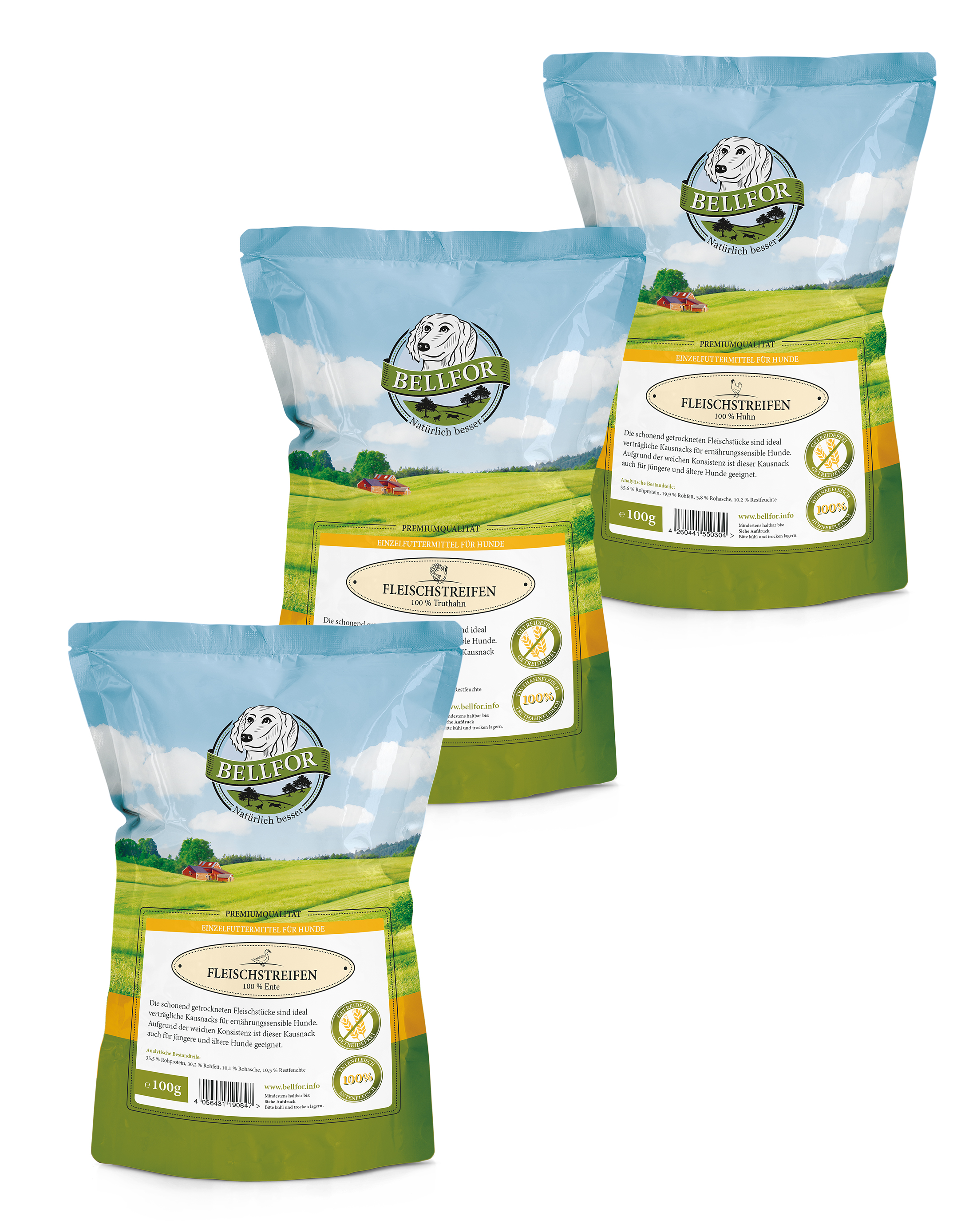 Kit économique no. 1 - les lanières de viande séchée mélangent poulet 100g, dinde 100g et canard 100g