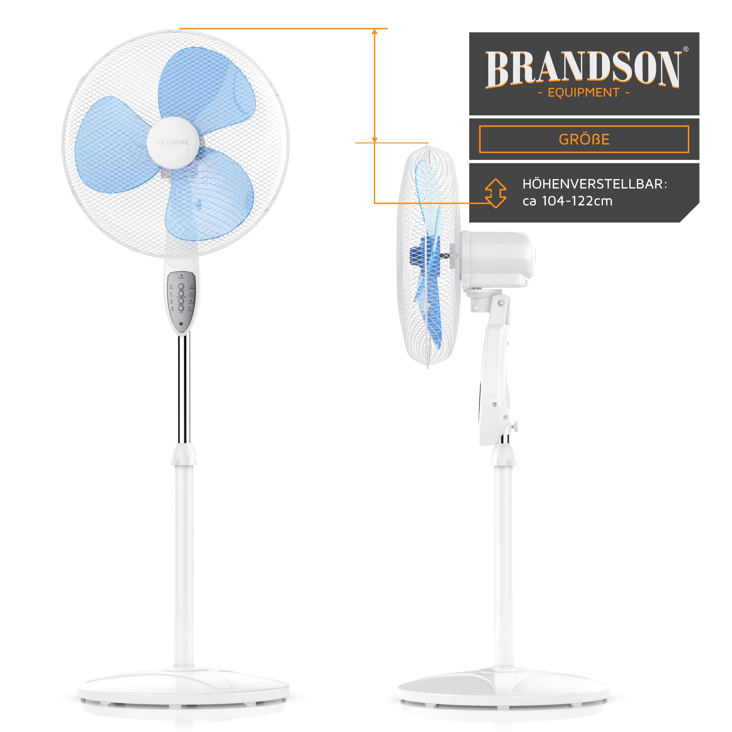 Brandson Standventilator 50W mit Standfuß höhenverstellbar, Ventilator mit Fernbedienung, Neigungswinkel 30°, 3 verschiedene Geschwindigkeitsstufen