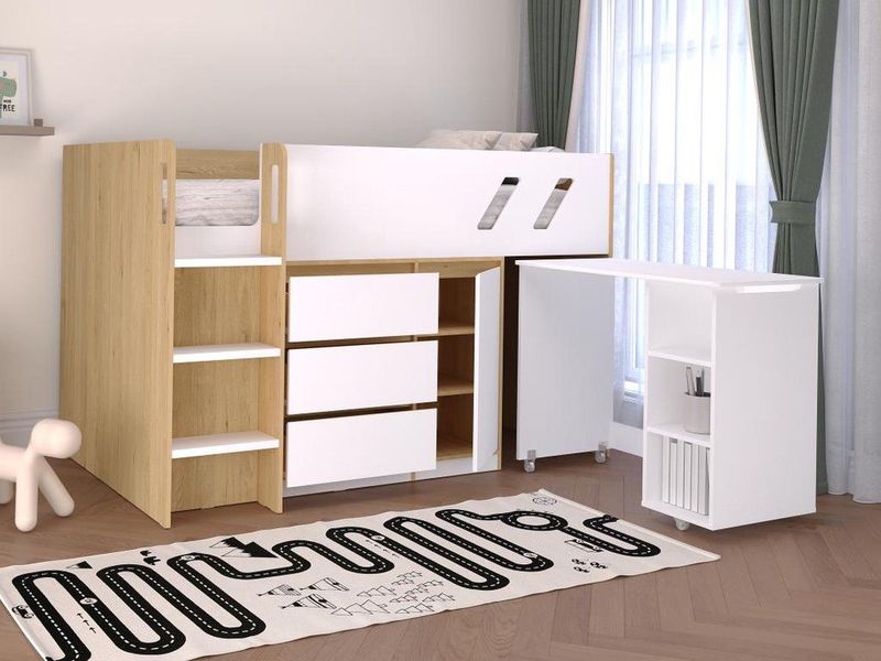 Vente-unique - SAGITI - Combinatiebed - Wit - Natuurlijk Licht - Spaanplaat