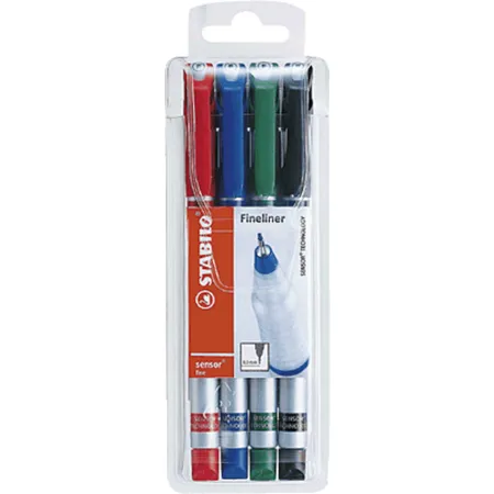 Fineliner mit gefederter Spitze - STABILO SENSOR F - fein - 4er Pack - schwarz, blau, rot, grün