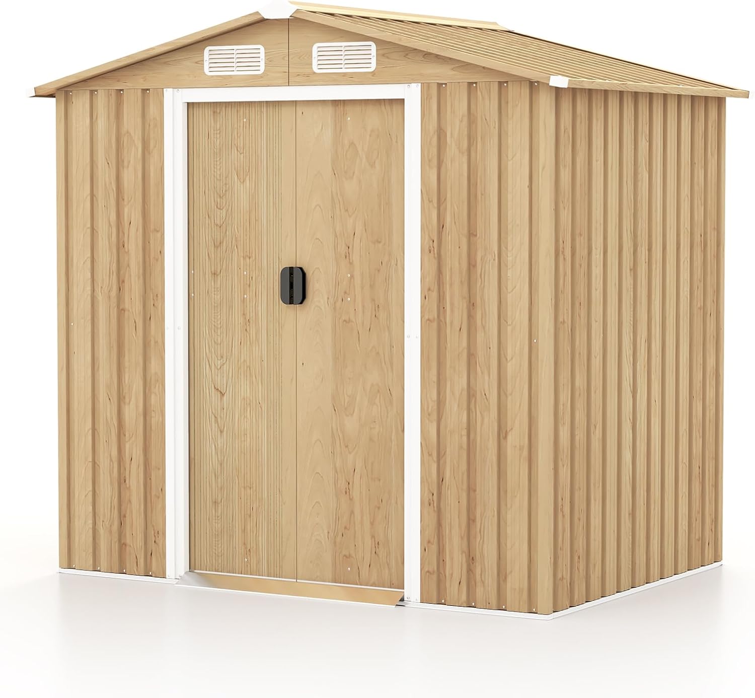 COSTWAY Gerätehaus Metall, Geräteschuppen abschließbar, Gartenhaus mit 4 Luftschlitzen & Schiebetür & Rampe, Garten Schuppen Outdoor, Metallschuppen Geräteschuppen, Natur (196 x 142 x 186 cm)