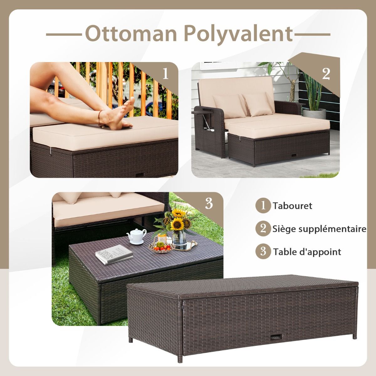Salon de Jardin Extérieur Ajustable à Lit, 2 Place avec Stockage Caché, Dossier Réglable à 4 Niveaux en Rotin PE - Lidl-Manfred