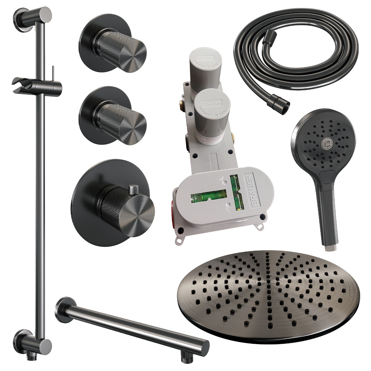 Brauer Gunmetal Carving complete inbouw regendouche set 20 met 30cm douchekop, rechte muurarm, 3 standen handdouche en glijstang gunmetal geborsteld PVD