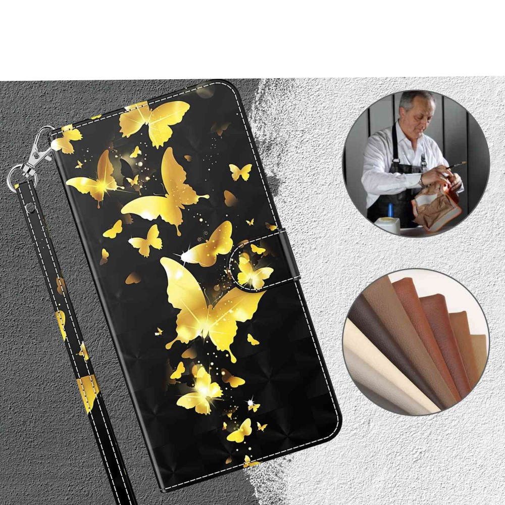 Samsung Galaxy A54 5G Leder Tasche mit Kartenfach   Handschlaufe - Schmetterling (Schwarz / Gold)