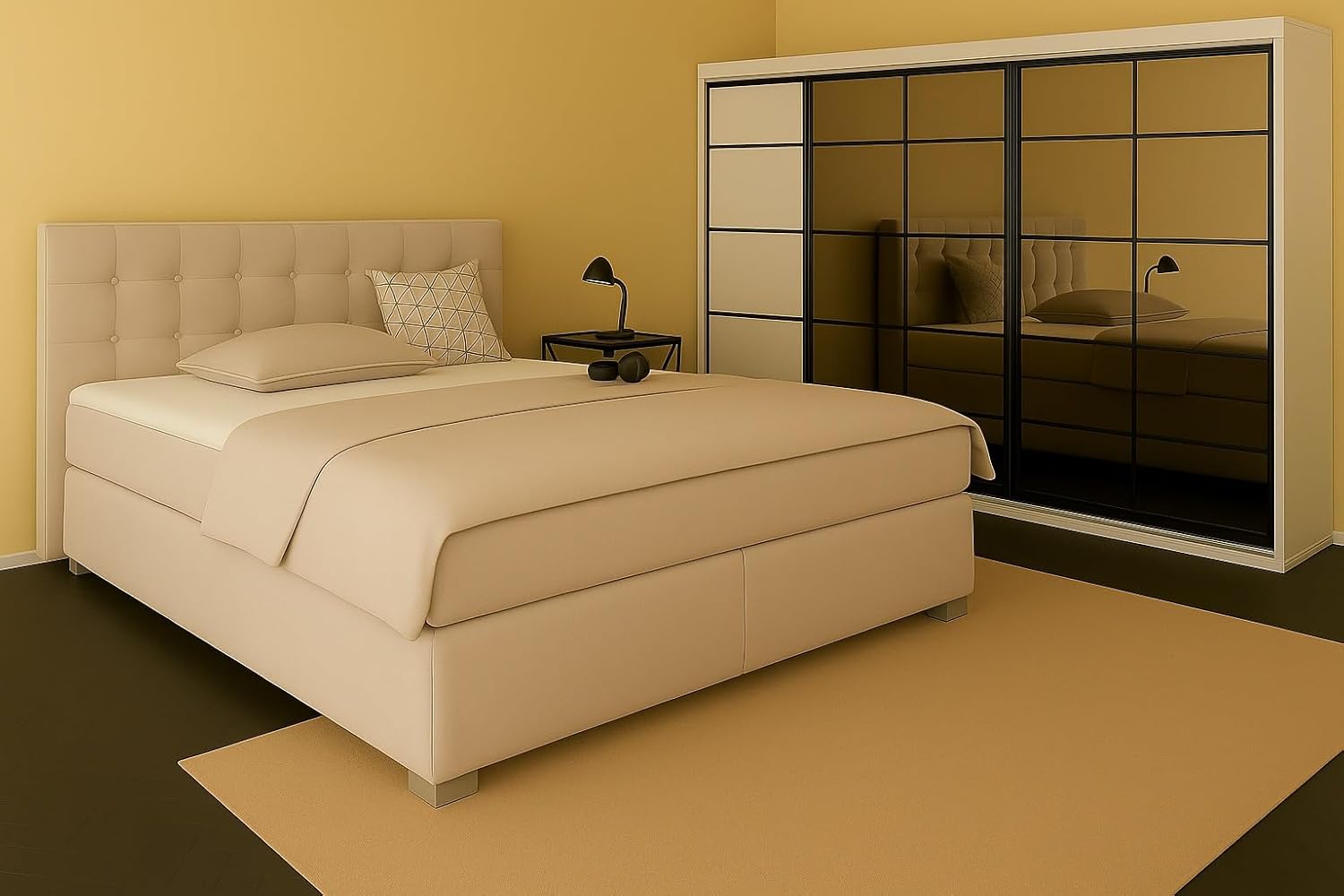 A&J MöbelLand Boxspringbett 180x200 mit Matratze und gepolstertem Kopfteil – Tom, Stauraumbett in Beige 2