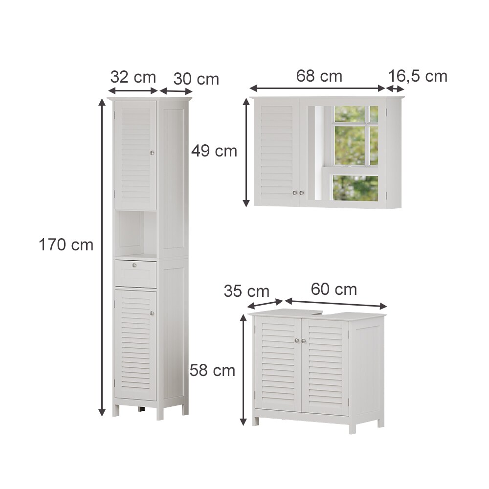 Vicco Badmöbel-Set Riad, Weiß, Badezimmer, moderne Badserie, Lamellen-Front, Waschtischunterschrank, Spiegelschrank, Hochschrank