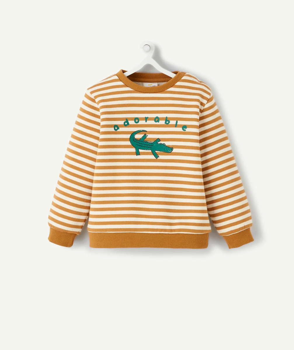 SWEAT BÉBÉ GARÇON RAYÉ OCRE EN FIBRES RECYCLÉES AVEC CROCODILE