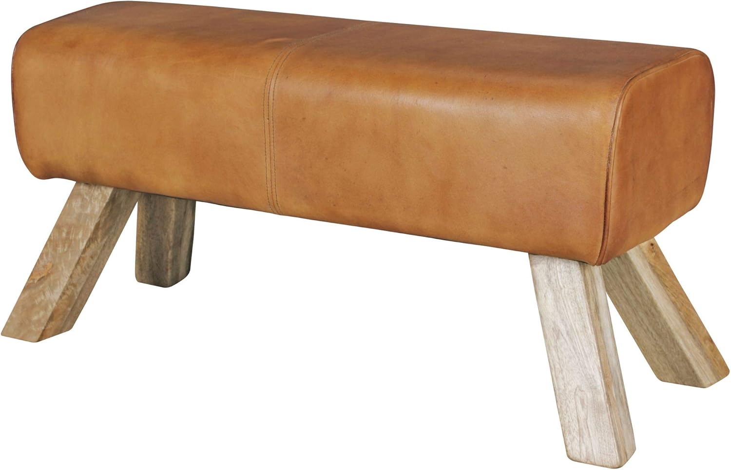 FineBuy Design Sitzbank Turnbock 90cm Cognac Echtleder Mangoholz Retro Sitzhocker, Lederhocker mit Holzbeinen, Sprinbock Hocker, Garderobenbank