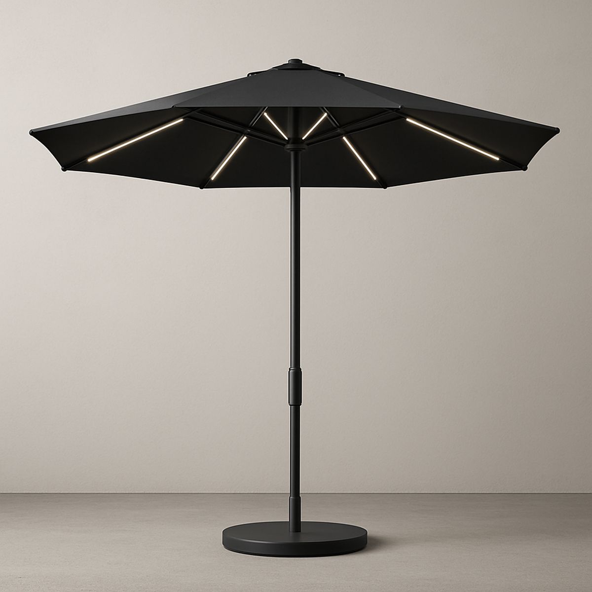 Schwarzer Sonnenschirm mit LED-Beleuchtung, Aluminium und Stahl, Ø 300