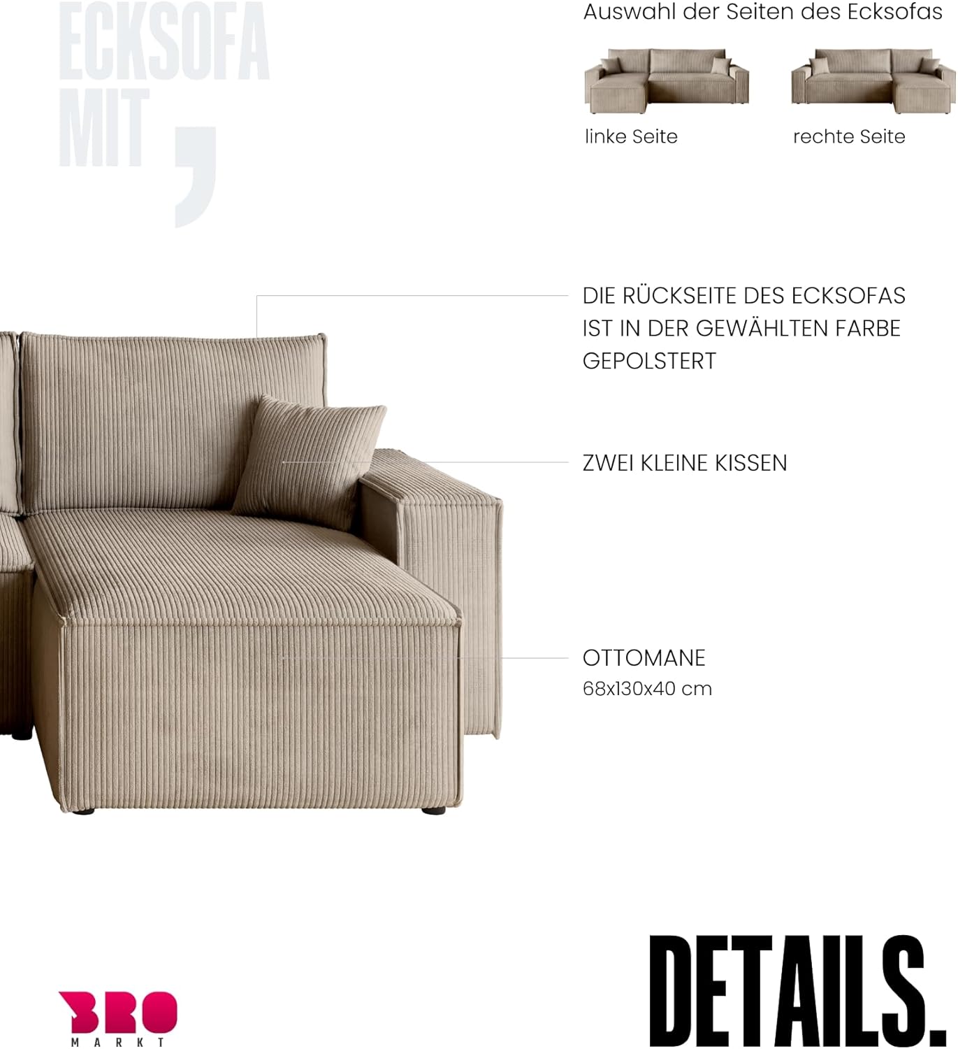 BROMARKT Sofa mit Schlaffunktion Couch L Cordstoff Sofa Bettkasten Schlafsofa für Wohnzimmer Ecksofa freistehend Adi Relaxsofa 3 sitzer 244x143x85 cm Beige