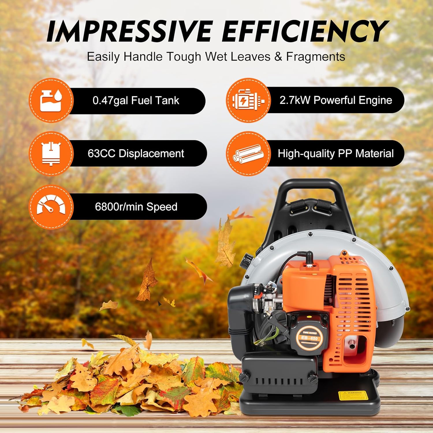 63CC Benzin Laubsauger 2-Takt Motor mit 1.8L Kraftstofftank, 2.7kW 6800r/min Laubbläser Rückenlaubbläser Gartenbläser mit Verstellbarer Schultergurt, 0.3m³/s Air Volume