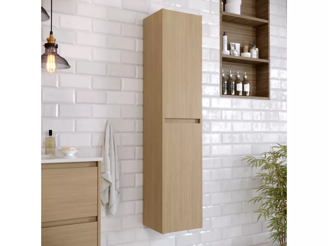 Colonne Meuble de salle de bain en mélamine coloris chêne - Longueur 30 x profondeur 27 x Hauteur 140 cm
