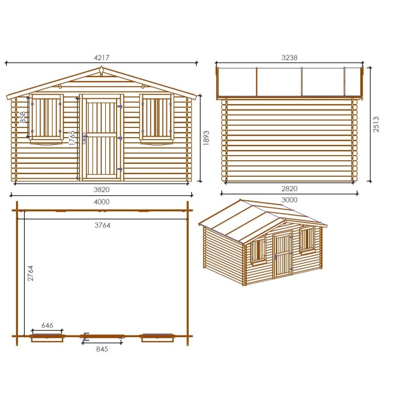 Abri de jardin en bois - 4x3 m - 24 m2 + terrasse avec balustrade et avant-toit en bois - traité