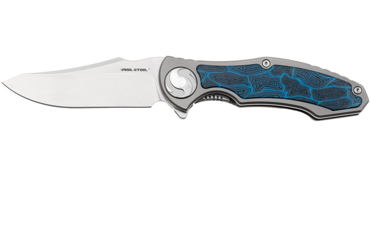 Real Steel Exorcist 942d CPM S35VN, Sandblasted Titanium, Blue Damascus G10 Inlays zakmes, Carson Huang design