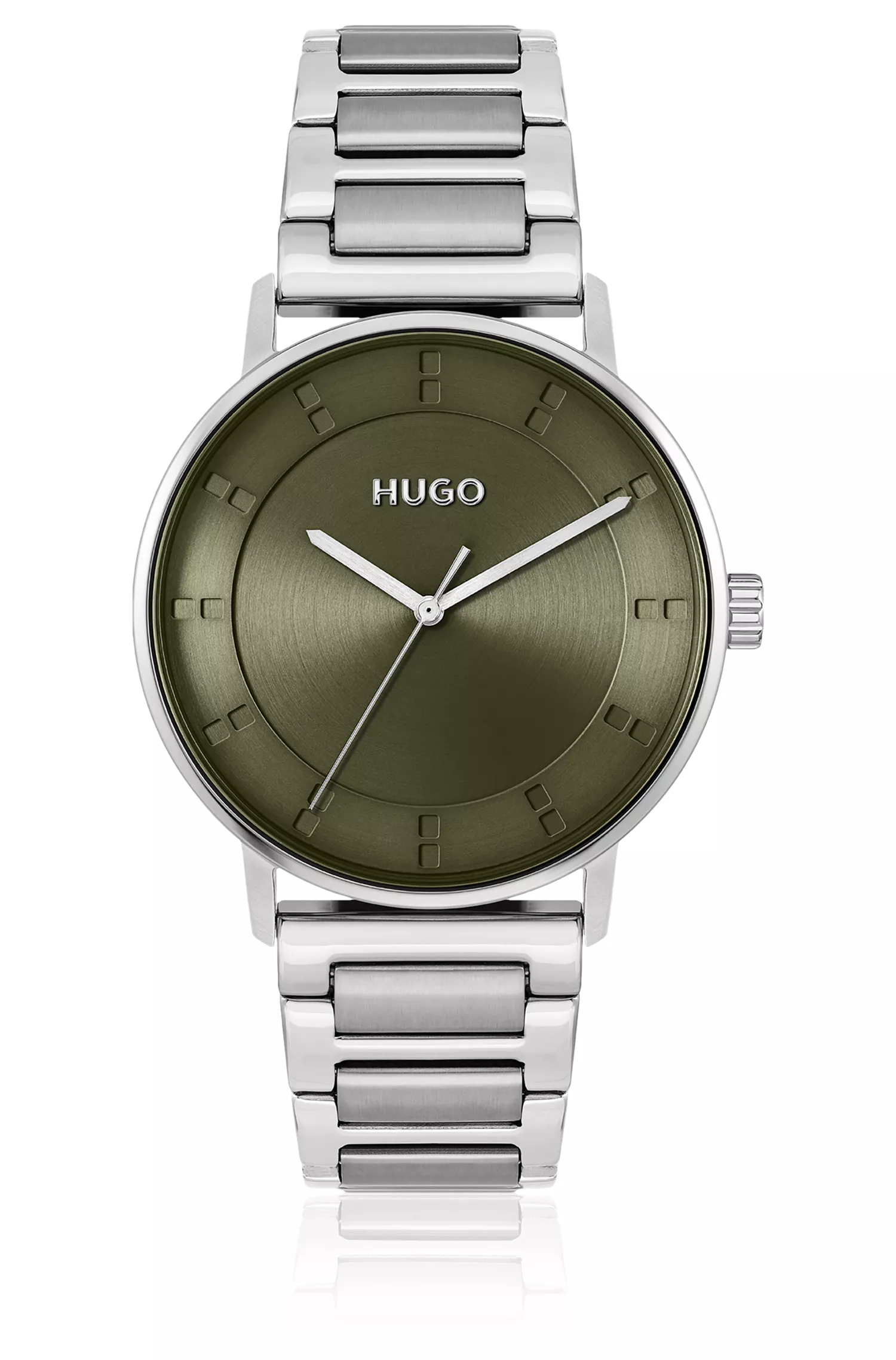 Relógio HUGO com pulseira de elos vermelhos e mostrador verde-oliva.