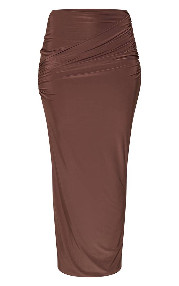 Deep Taupe Jupe Mi-longue En Tissu Soyeux Avec Détails Froncés