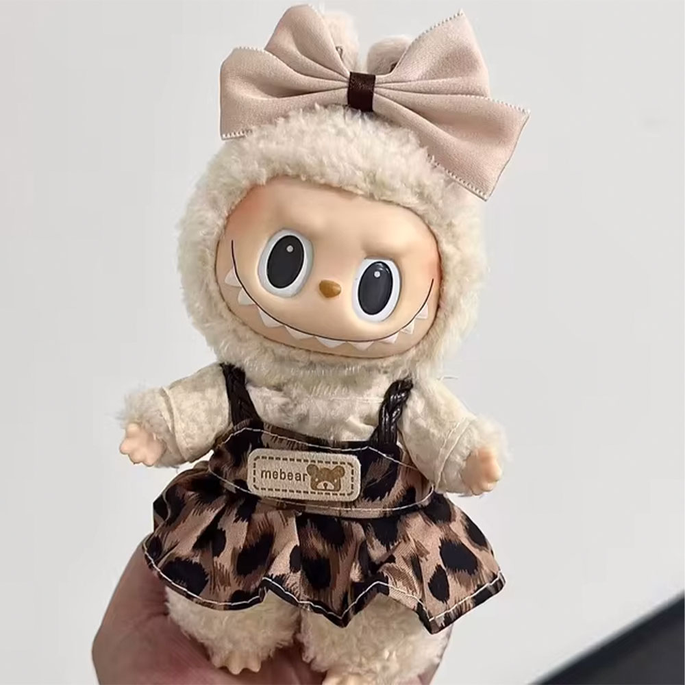 (3-tlg. Set) Monsterhäschen Leoparden Kleid Puppen Zubehör Outfit Verkleidungs Accessoire inkl. Schleife / Bluse - Braun / Beige