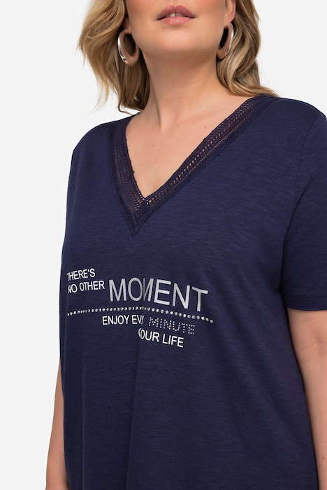 T-Shirt, Schrift-Motiv, V-Ausschnitt, Halbarm