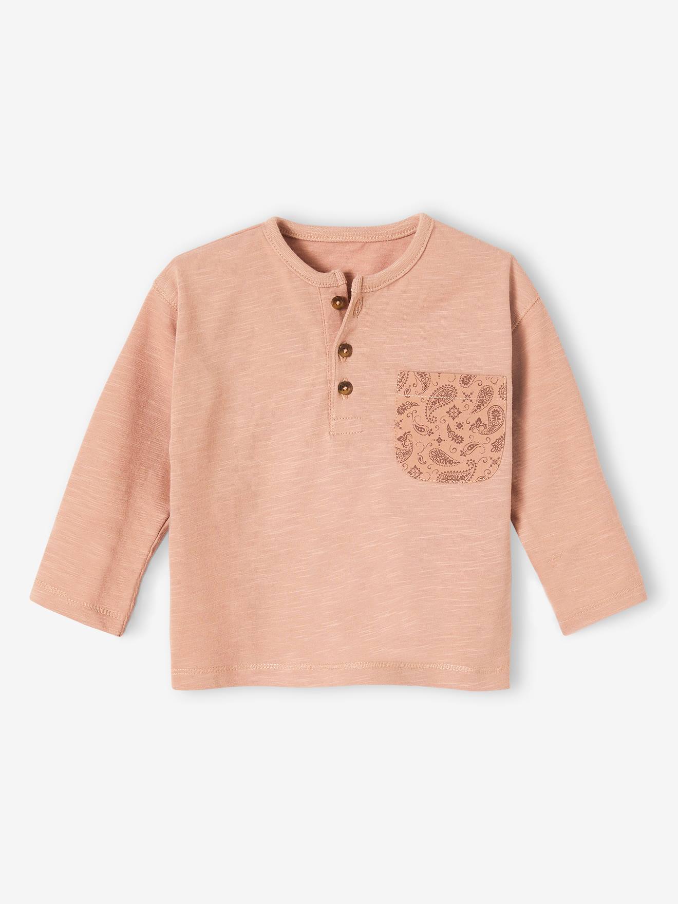 Camiseta de algodão texturizado com bolso estampado, lisa, tamanho médio, bege bebê com motivos.