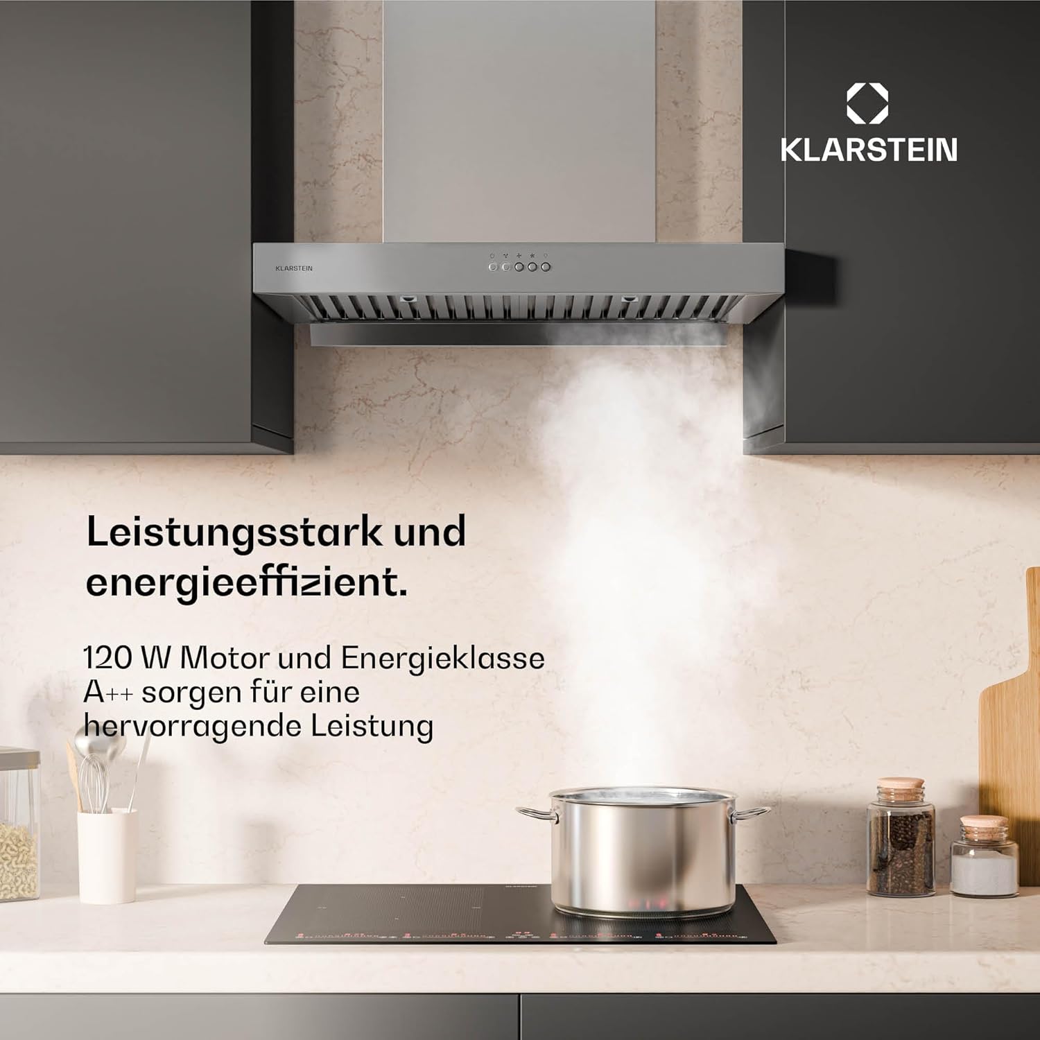 Klarstein AeroClean Dunstabzugshaube - 60 cm Wandhaube, Boost-Modus 721 m³/h, A++ Energieeffizienz, LED-Beleuchtung 3800-4200 K, Edelstahl, Abluft & Umluft, Drucktasten, 52-68 dB