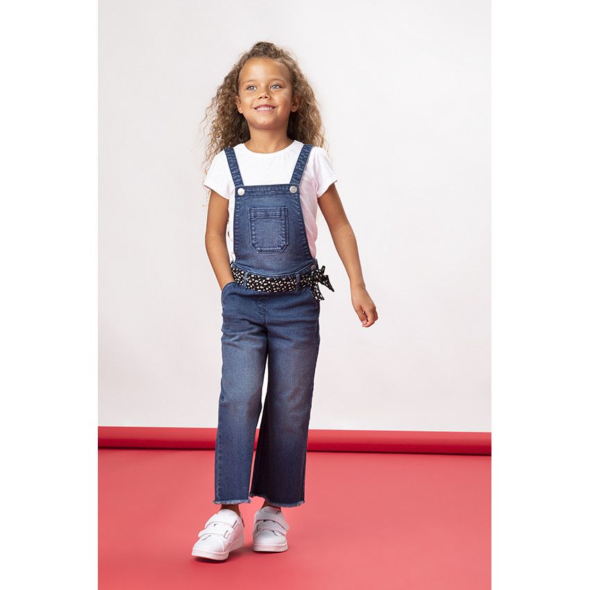 Salopette longue en denim ceinturée pour fille - Bleu moyen