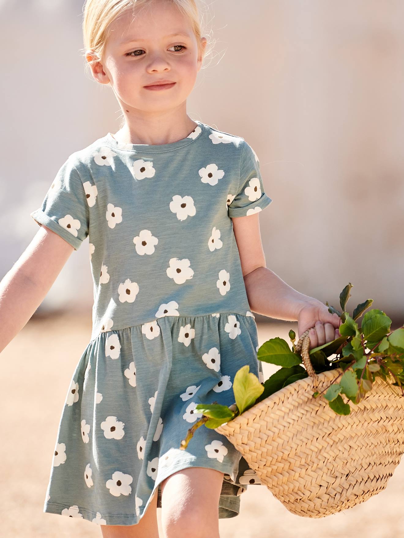 Vestido estampado para meninas, rosa claro