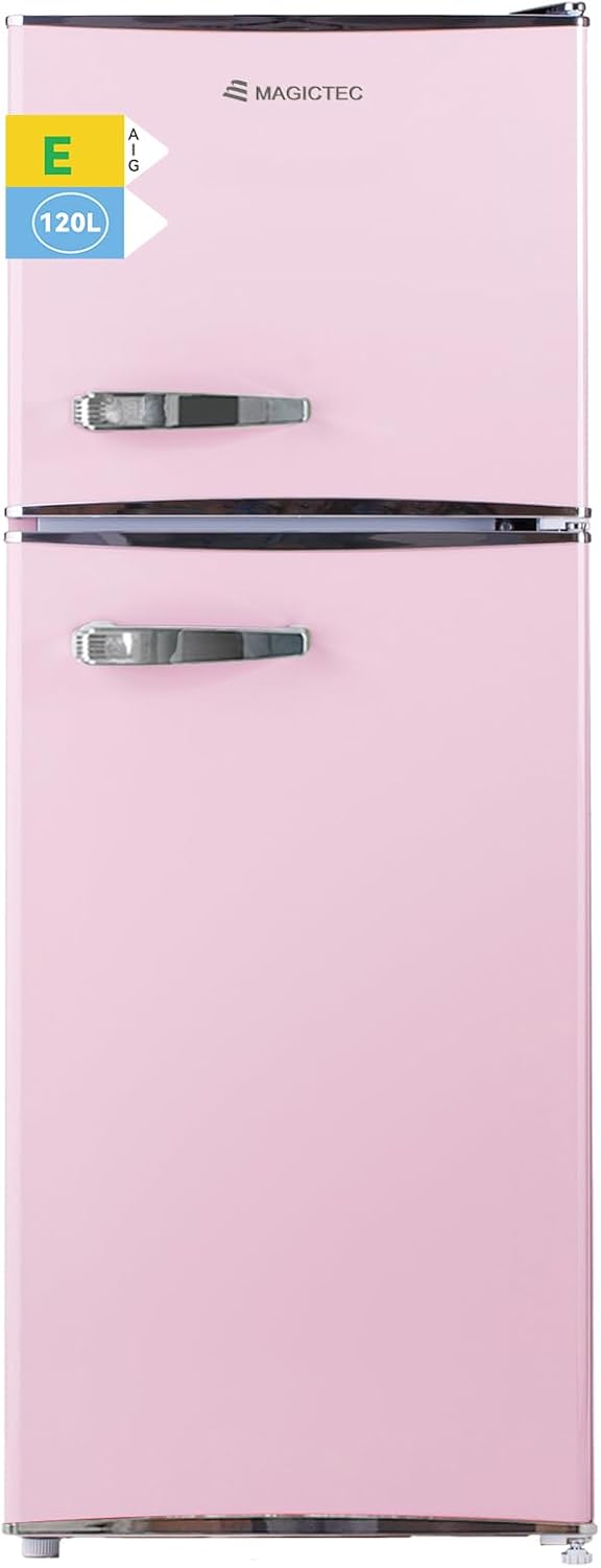 magictec Retro-Kühlschrank mit Gefrierfach | 120L(88L/32L) | Low Frost | Kühl-Gefrier-Kombination | Vintage Design | LED-Beleuchtung | Rosa