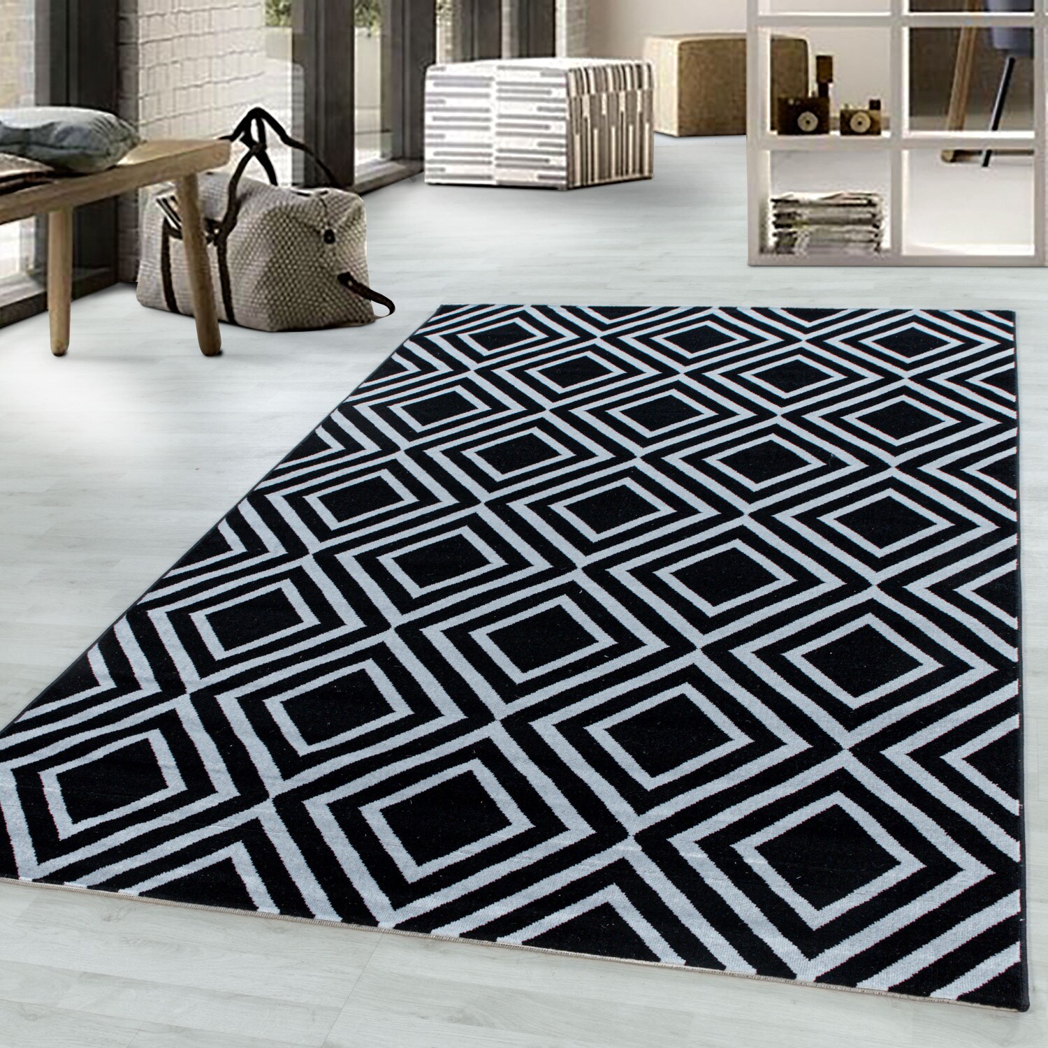 Moderner Kurzflor-Teppich im Rauten-Design Pflegeleicht ideal für das Wohnzimmer