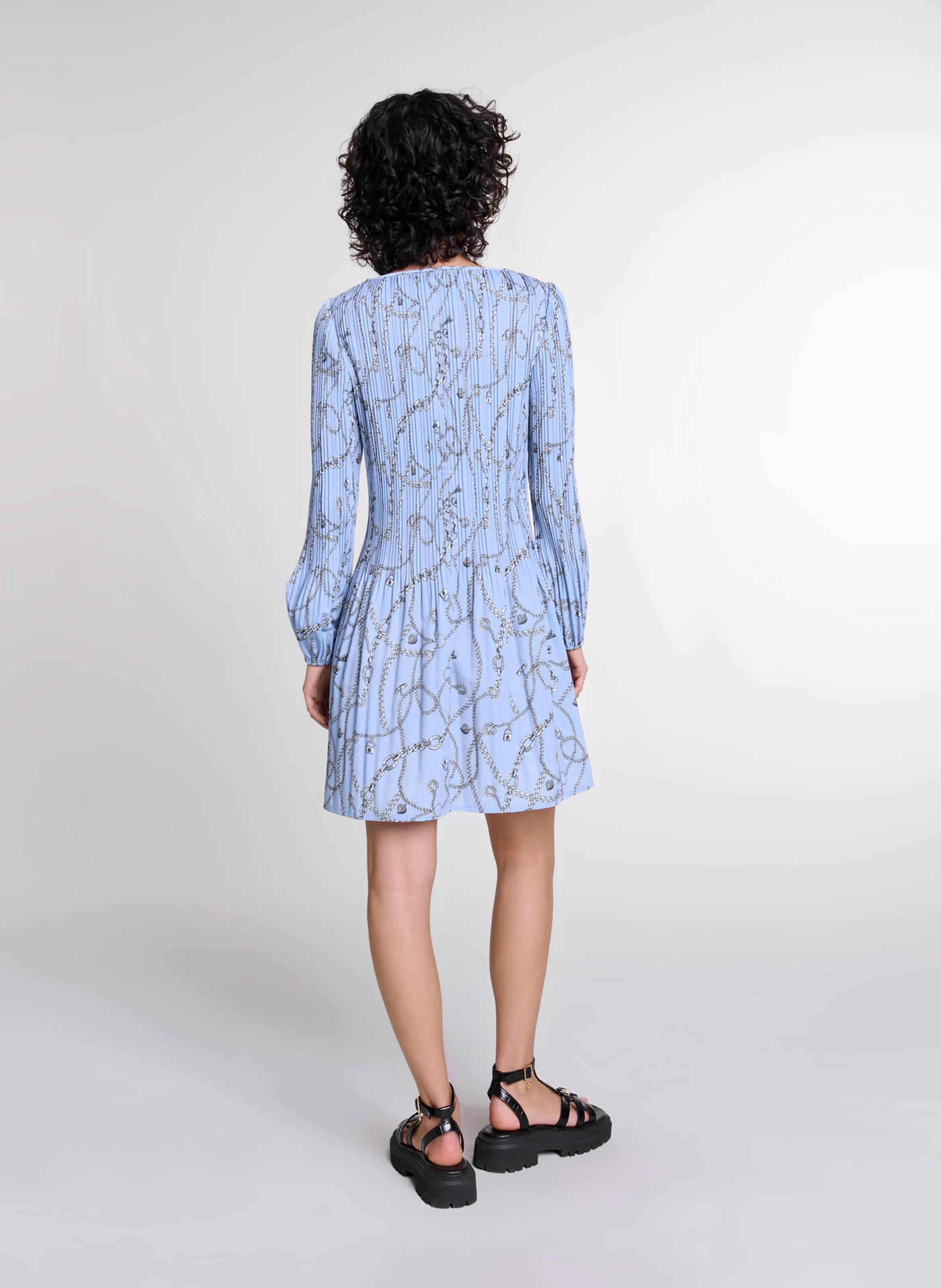 Robe courte col rond imprimée | Bleu