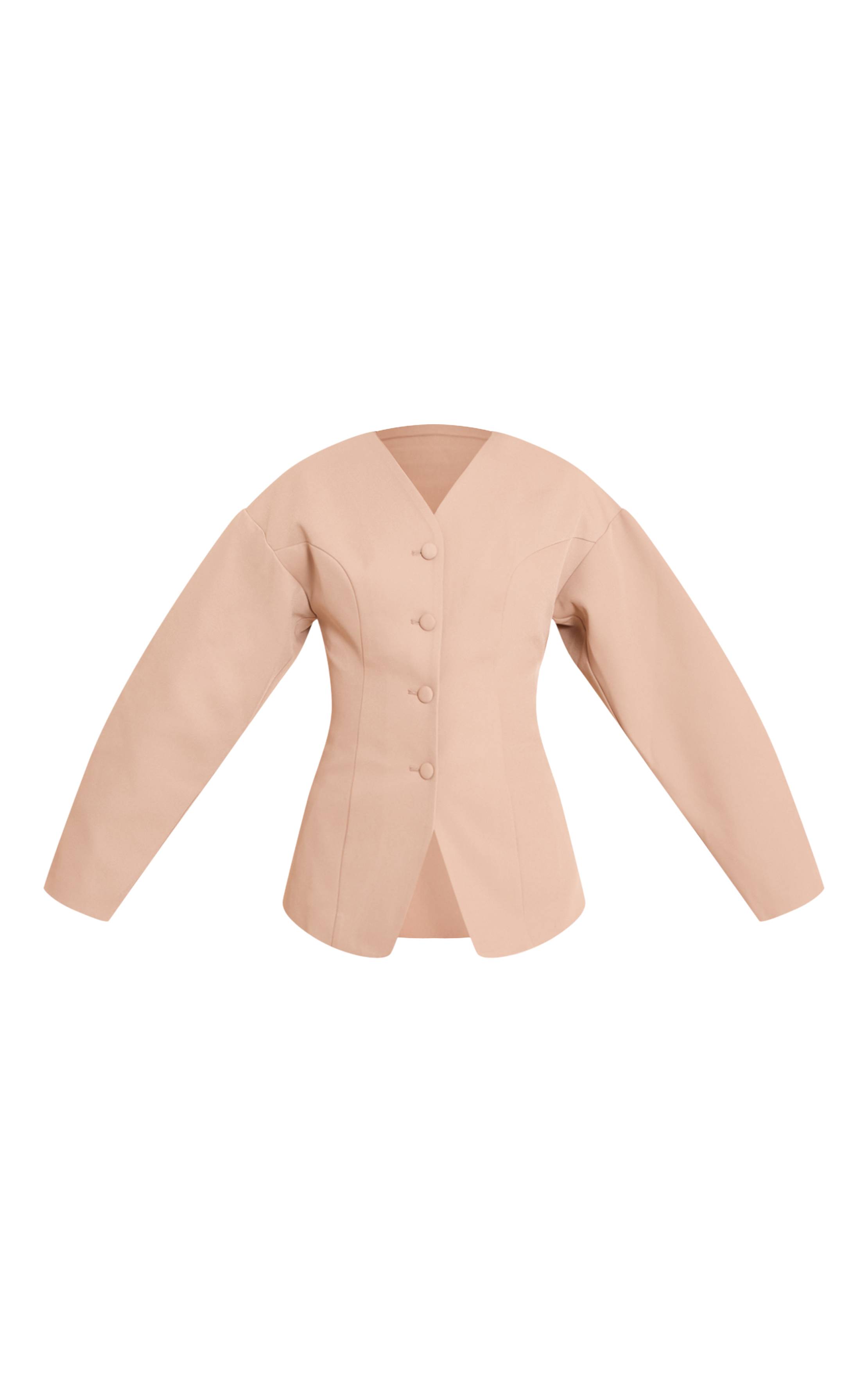 Taupe Blazer Sans Col À Boutons Recouverts De Tissu