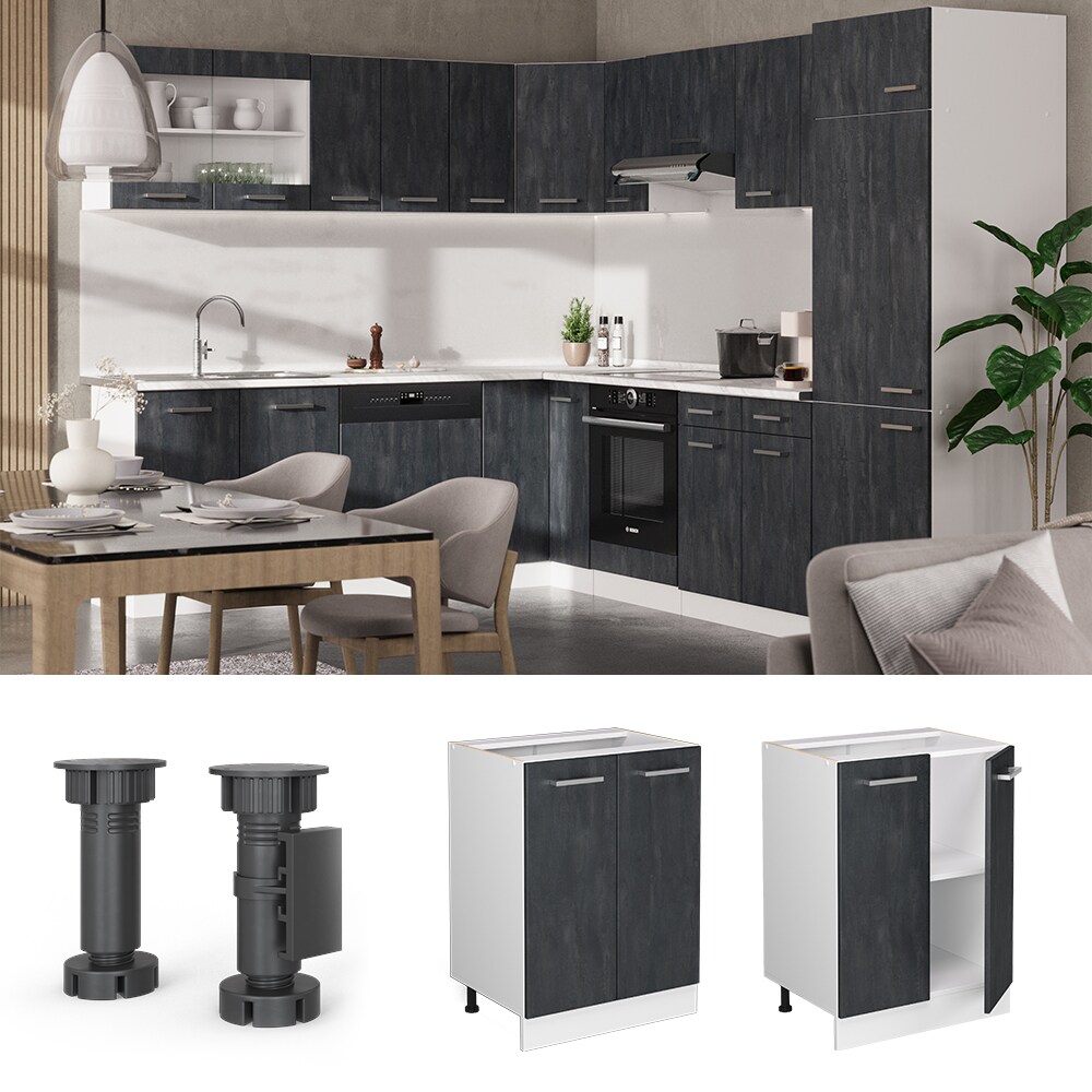 Vicco Unterschrank R-Line Schwarz Beton Weiß 60 cm mit Arbeitsplatte Anthrazit