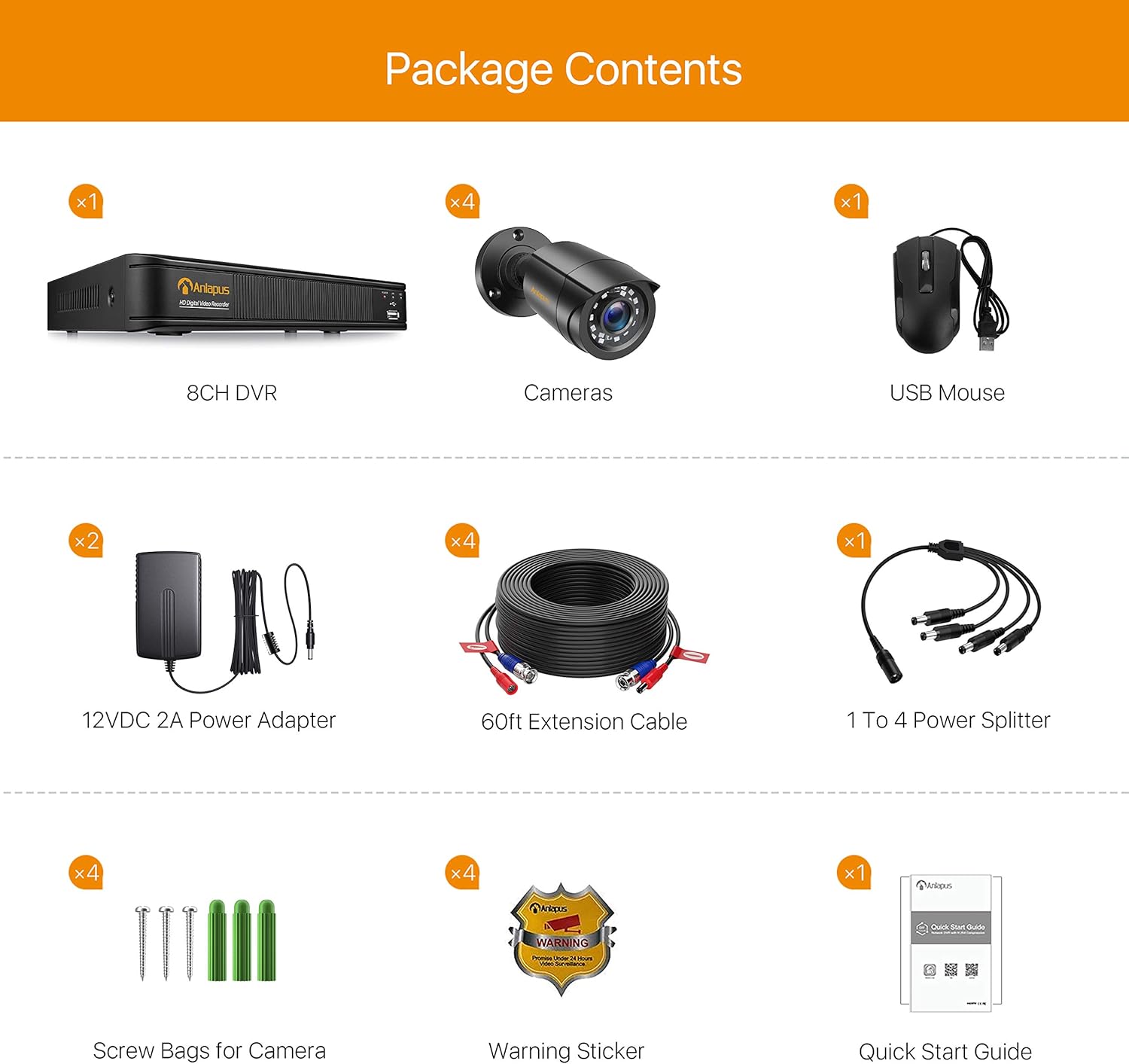 Anlapus 1080P Außen Video Überwachungssystem 8CH H.265+ DVR mit 4x 2MP Kamera ohne Festplatte für Haus Überwachung 20M IR Nachtsicht, App + Email Alarm bei Bewegungen