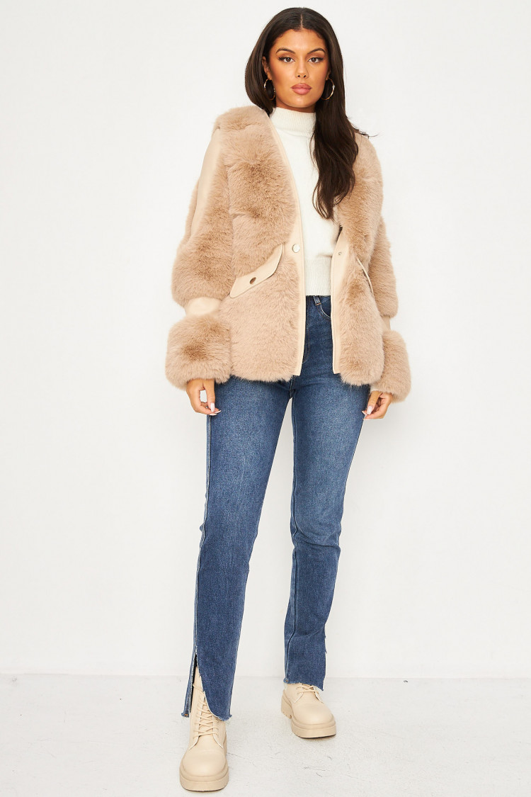 Veste beige simili cuir et fausse fourrure