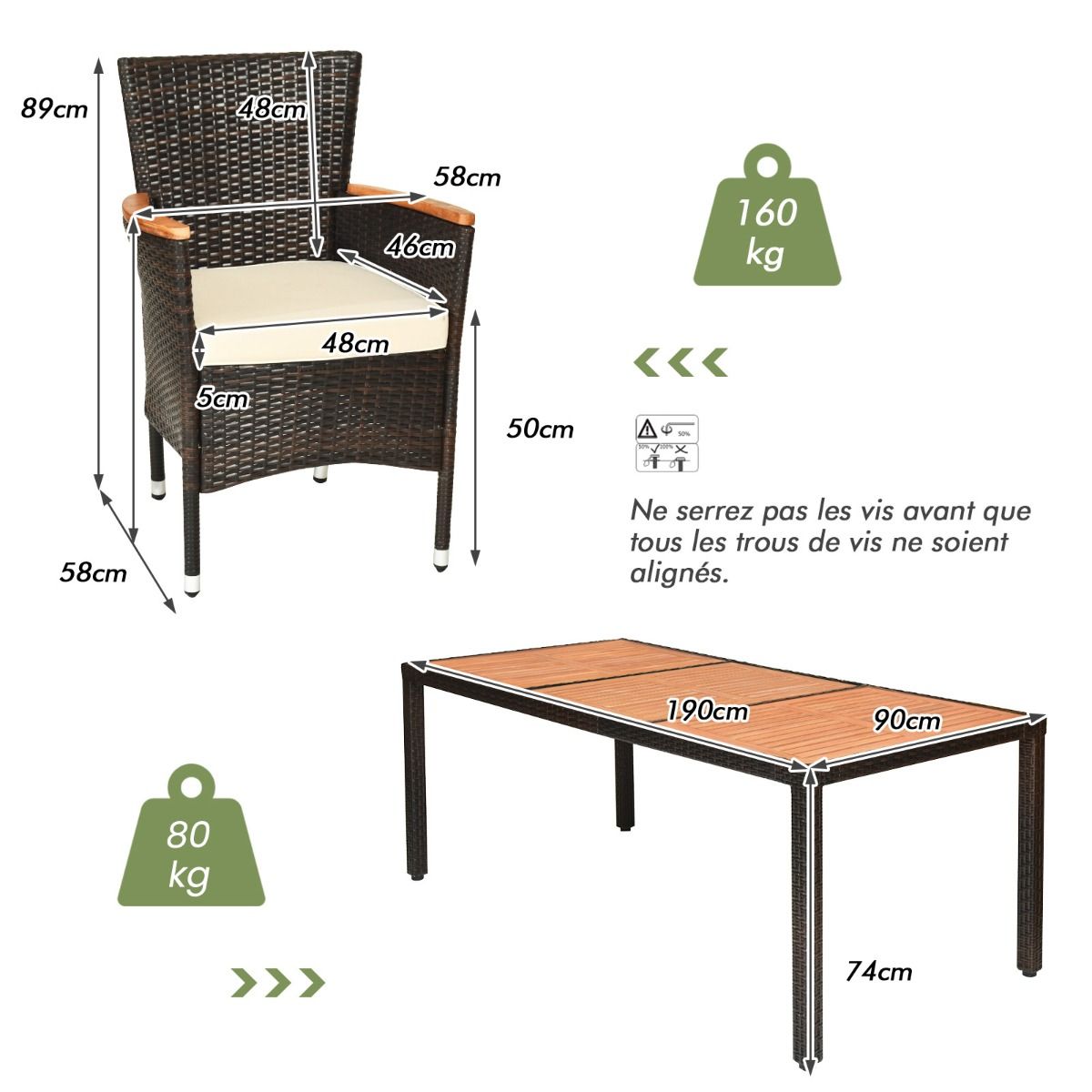 Salon de Jardin en Rotin 9 Pièces pour 8 Personnes Plateau de Table en Acacia Ensemble de Salle à Manger avec Coussins Amovibles Charge 160KG - Lidl-Manfred