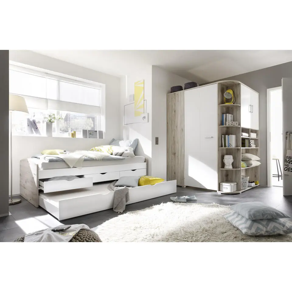 Kajuitbed Nasri 90x200 met bedlade - zandeik/wit