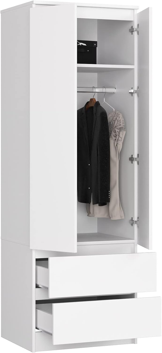 Home Collective Kleiderschrank weiß 60cm breit 180cm hoch, Schrank mit 2 Türen und 2 Schubladen, Kleiderstange und 1 Regal, Garderobe, Schlafzimmer, Wohnzimmer