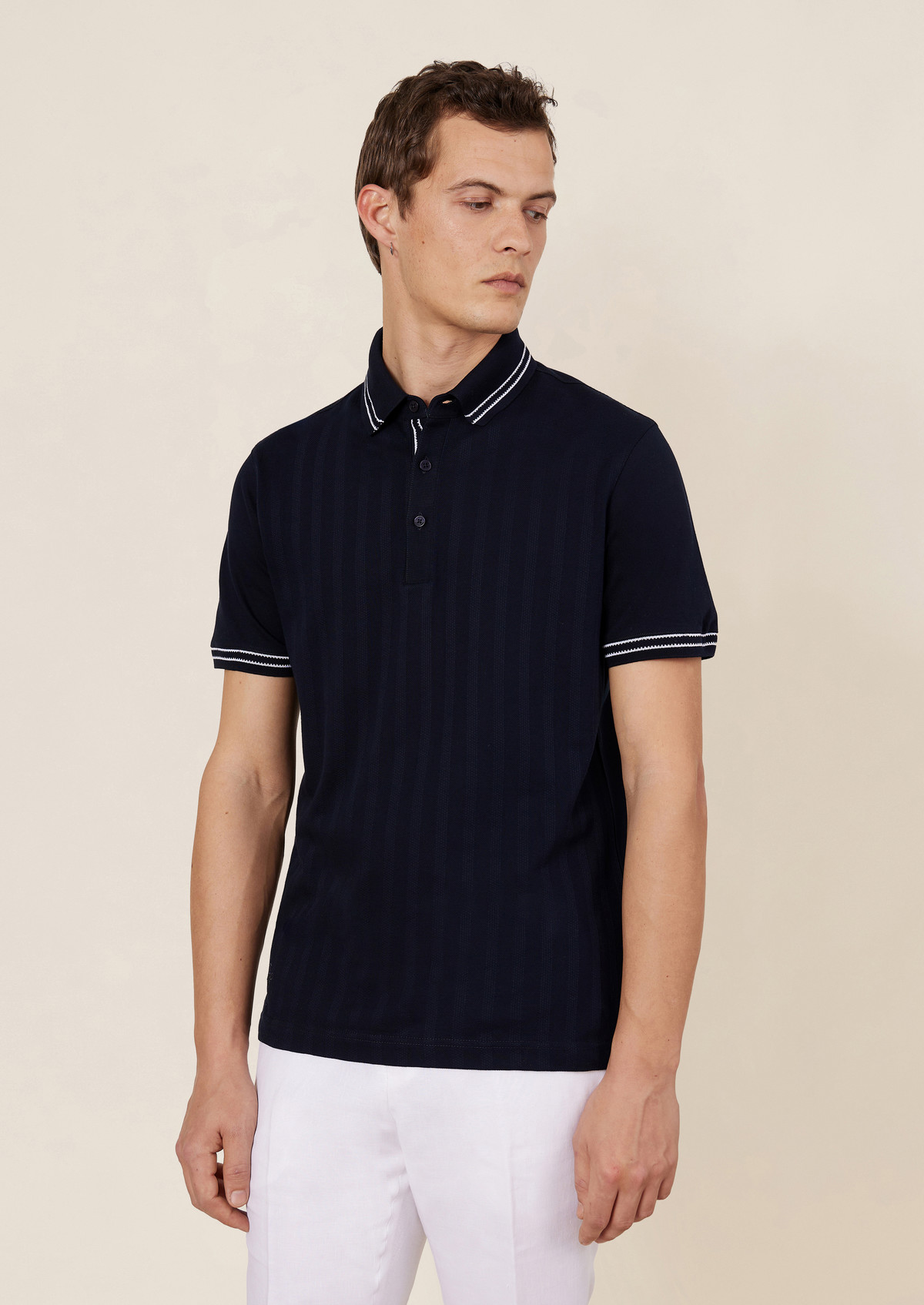 Polo manches courtes Slim en coton bleu marine à rayures