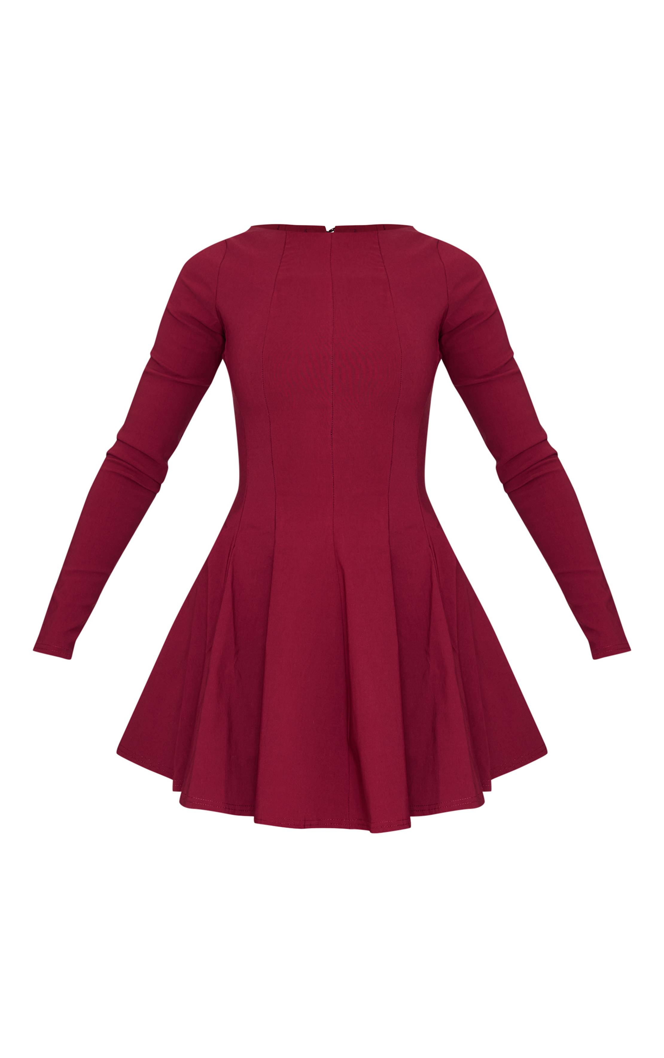 Rouge Bordeaux Robe Droite Plissée À Manches Longues Et Col Bateau En Tissu Extensible