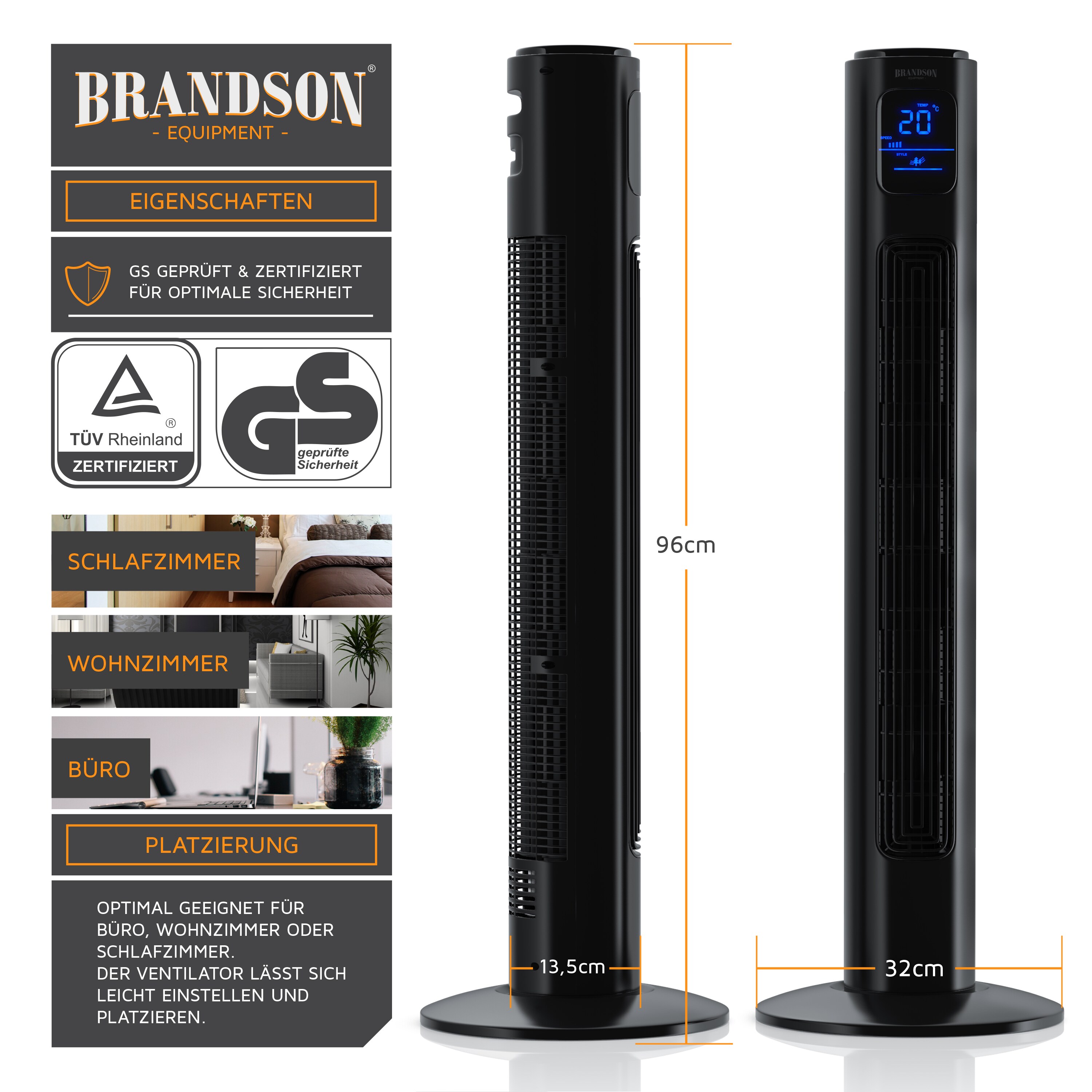 Brandson Turmventilator, Standventilator 40W, Ventilator mit 2 Geschwindigkeitsstufen, Säulenventilator mit Timer, 3 Betriebsmodi, 60 Grad
