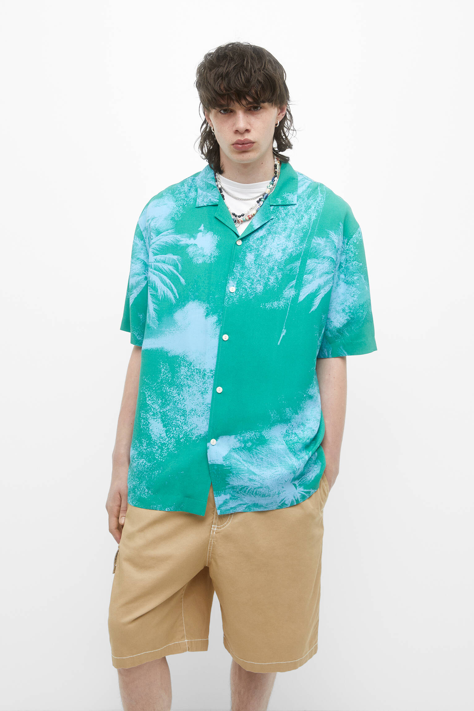 CAMISA STWD DE MANGA CURTA COM PALMEIRAS - VERDE AZUL
