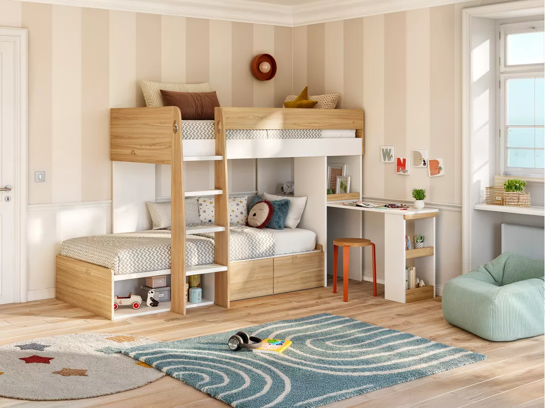 Lits superposés 2 x 90 x 190 cm avec bureau et rangements - Coloris : Naturel et blanc - LOMIDEN